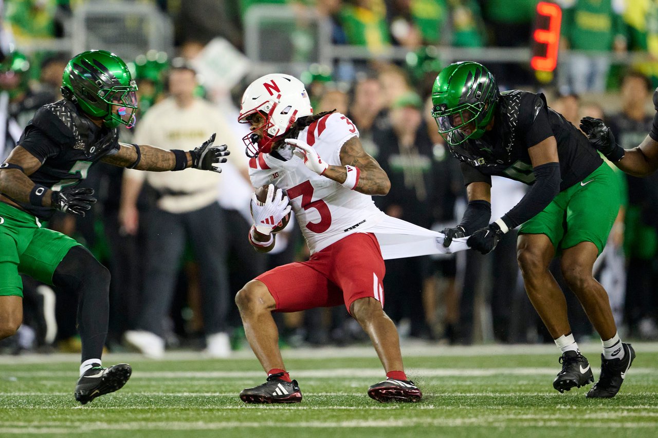Oct 17, 2026; Eugene, Oregon, USA; Nebraska Cornhuskers wide receiver Kwazi Gilmer (3) picks up a first down on a pass reception during the first half against Oregon Ducks defensive back Brandon Finney (4) at Autzen Stadium. Mandatory Credit: Troy Wayrynen-Imagn Images