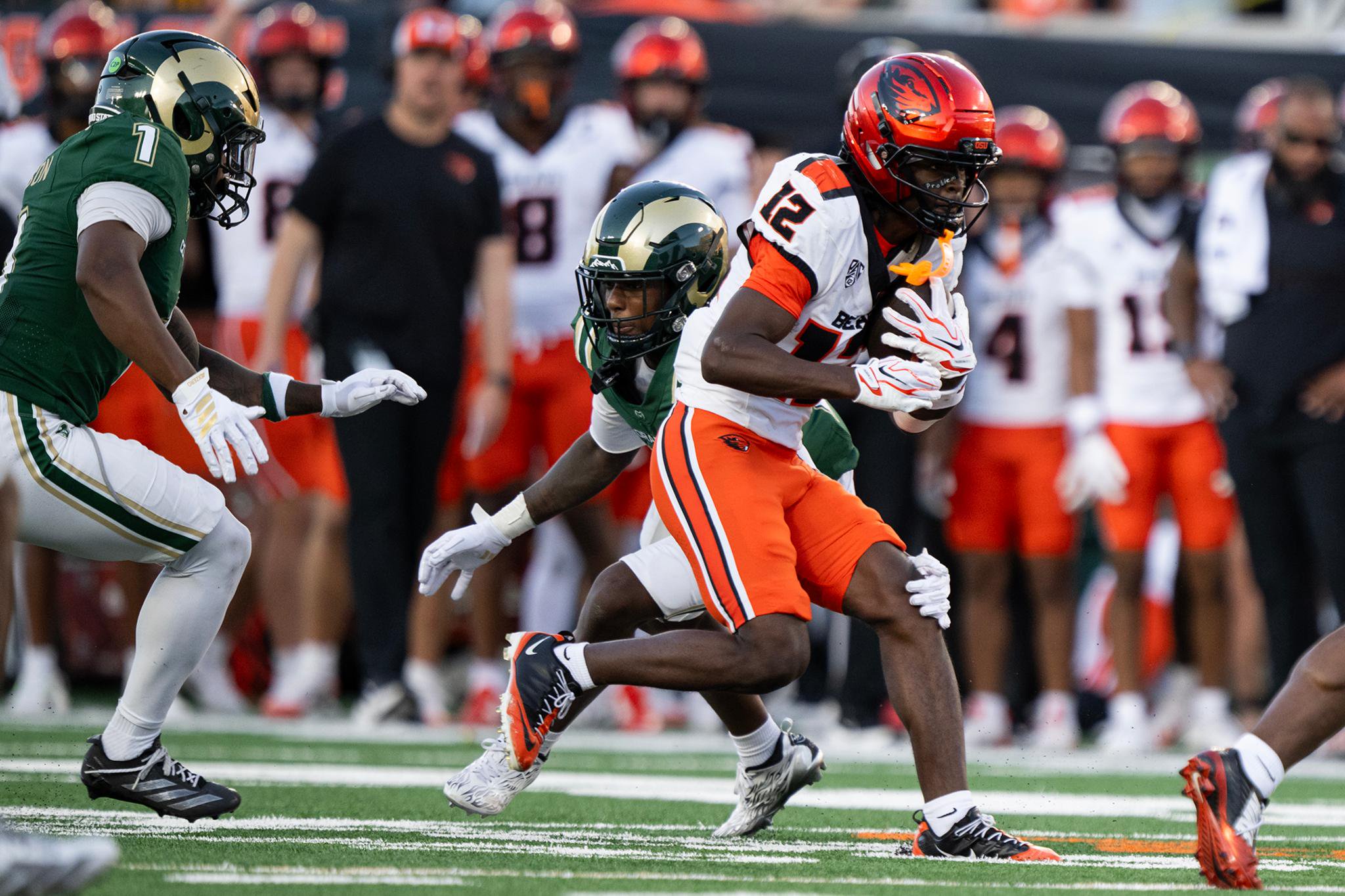 An Oregon State football player runs with the ball while pursued by Colorado State defenders.
