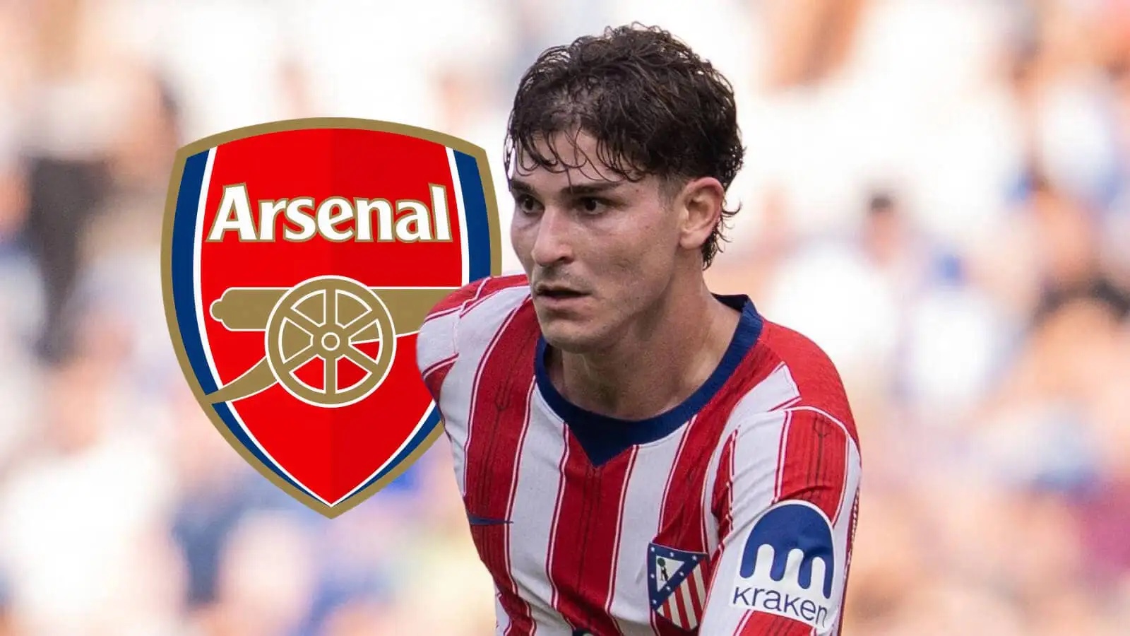 Arsenal badge and Atletico Madrid striker Julian Alvarez - copyright TEAMtalk