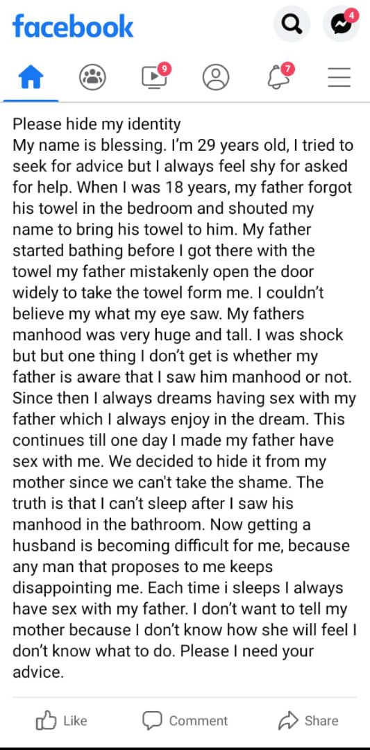 “I slept with my Dad after I saw his big manhood” - 29-Year-Old Lady Reveals