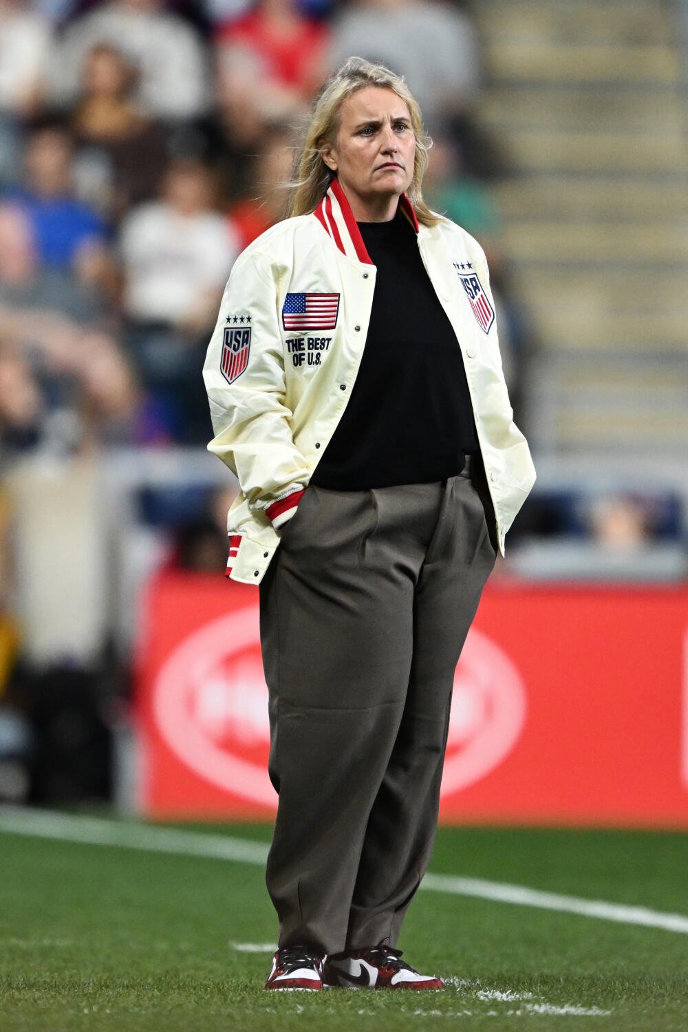 U.S. coach Emma Hayes stands on the sideline during an international friendly match against Spain.
