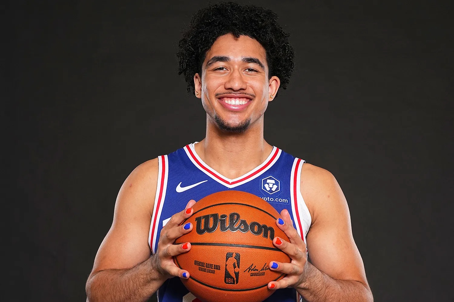 Jared McCain #20 of the Philadelphia 76ers poses for a picture at media day at 76ers Training Complex on September 30, 2024 in Camden, New Jersey. 