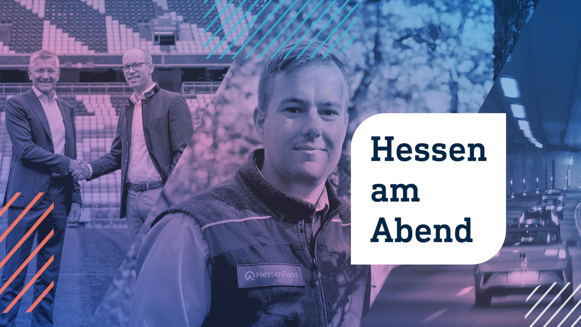 Collage aus drei Fotos, links: zwei Personen stehen auf dem Rasen eines Fußballstadions und geben sich die Hand; mitte: ein junger Mann mit HessenForst Weste steht im Wald; rechts: Autos fahren durch den A66-Tunnel