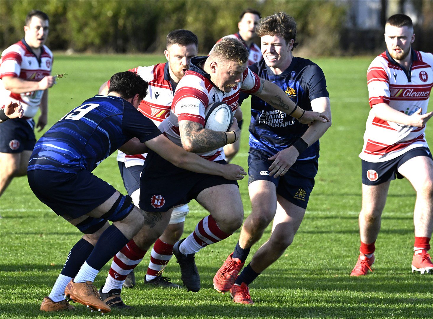 Lewis Scott drives forward, supported by Neil Alexander and Logan Paton. Picture: James Officer