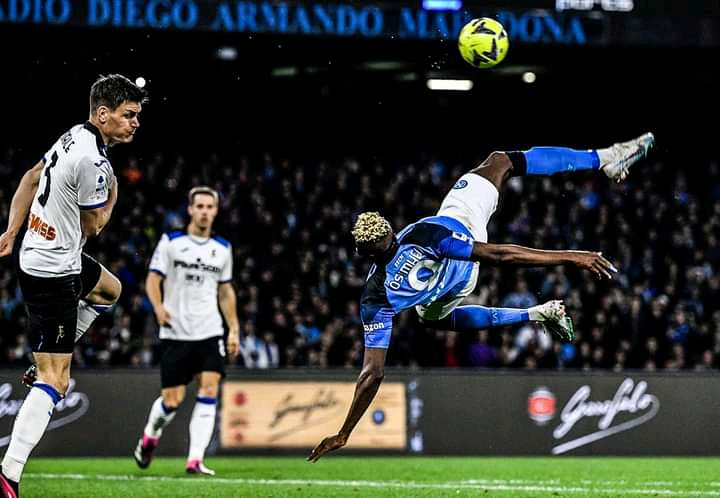 Victor Osimhen bicycle kick against Atalanta as Nigerian striker helps Napoli claim 2-0 win (Photos)