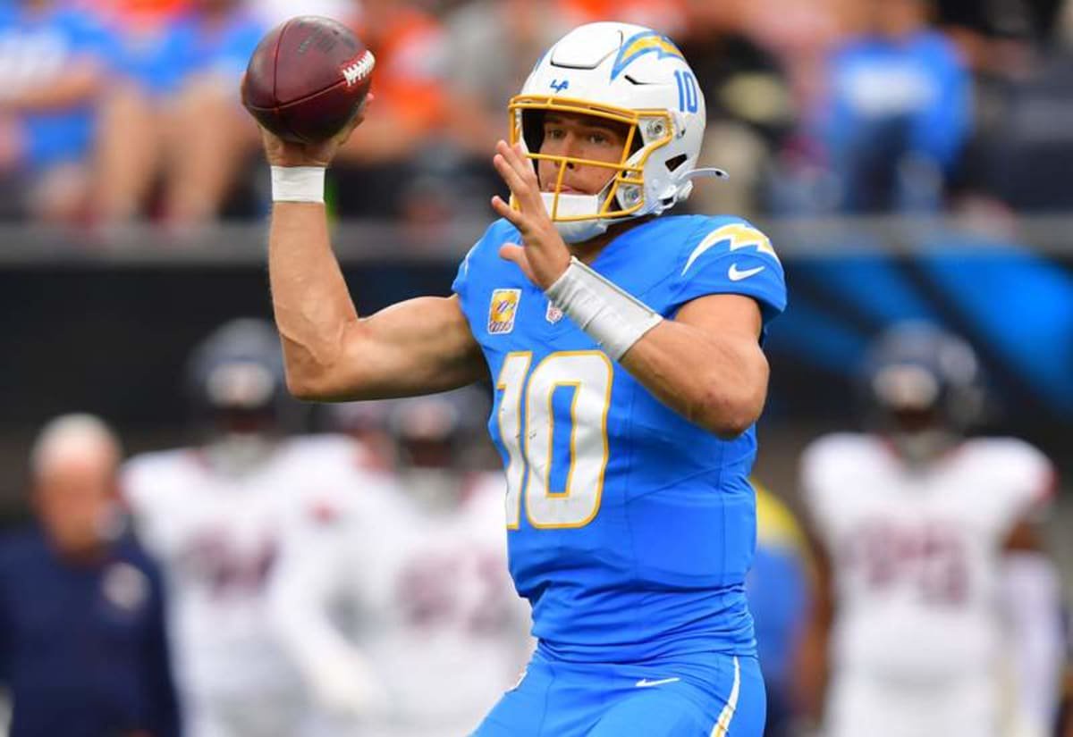 Oct 11, 2026; Inglewood, California, USA; Los Angeles Chargers quarterback Justin Herbert (10) throws a pass against the Denver Broncos during the second half at SoFi Stadium. © Gary A. Vasquez-Imagn Images