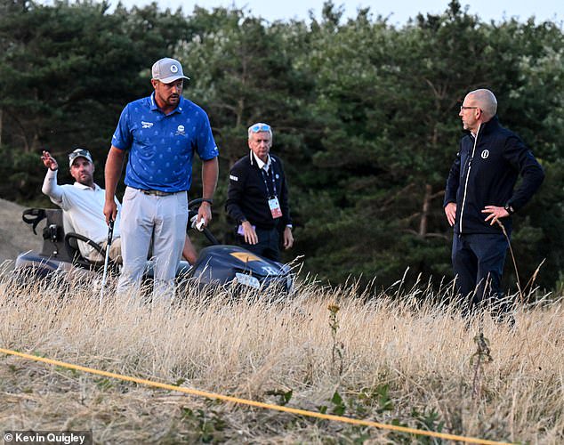 The LIV Golf star was driven back to the fifth hole to discuss whether he improved his lie