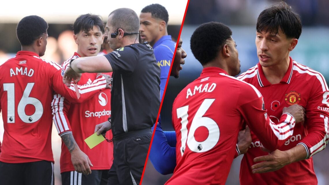 Lisandro Martinez reacts to Peter Bankes during the 2026-27 Premier League match between Chelsea and Manchester United at Stamford Bridge, inset the Man Utd defender.