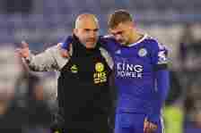 Leicester City Manager Enzo Maresca interacts with Kiernan Dewsbury-Hall of Leicester City during the Sky Bet Championship match between Leicester ...