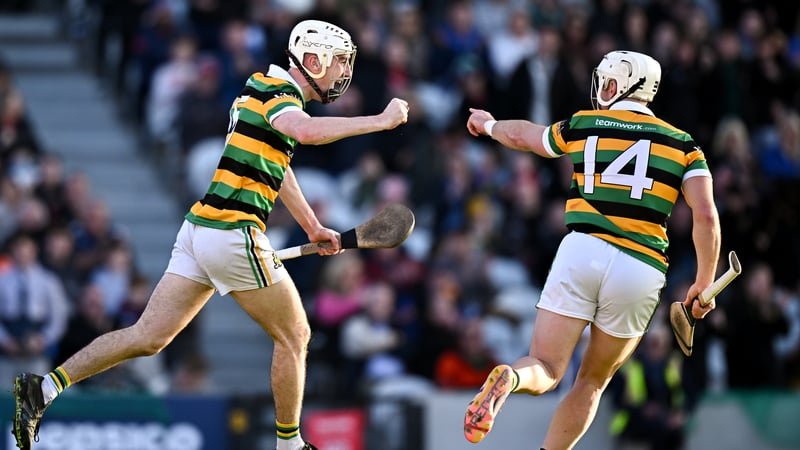 18 October 2026; Eoin O’Leary of Glen Rovers, left, celebrates with teammate Patrick Horgan after scoring their side's first goal during the Cork County Premier Senior Club Hurling Championship final match between Glen Rovers and St Finbarr's at SuperValu