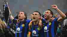 Inter Milan players celebrate their title success in April 2024.