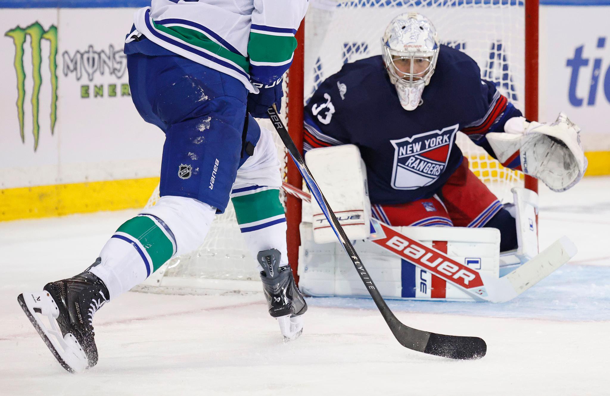 Dylan Garand defends the net during the Rangers' 6-2 win over the Canucks on Oct. 11, 2026 at the Garden.