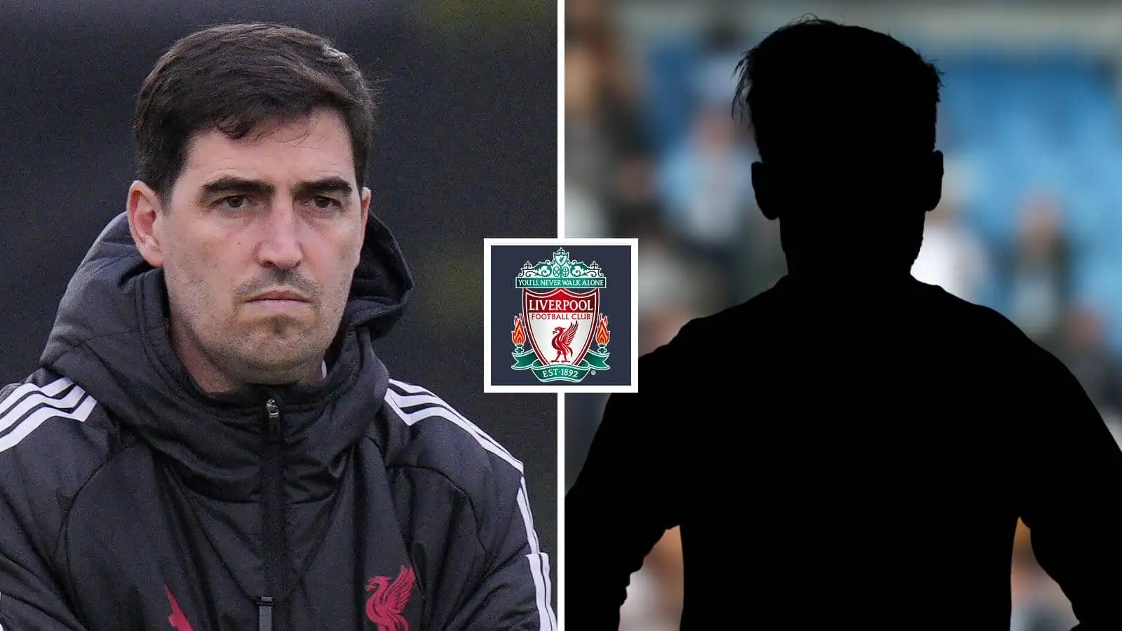 Split image of Liverpool manager Andoni Iraola and a shadow, with the Liverpool badge in between - copyright TEAMtalk