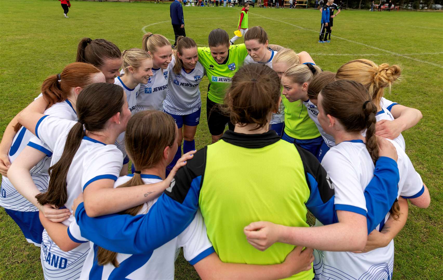 Shetland Women’s players huddle following their 3‑1 victory over Aberdeen West End in the Scottish Gas Women’s Scottish Cup second preliminary round fixture at Hazlehead in Aberdeen. Photo: Kevin Jones