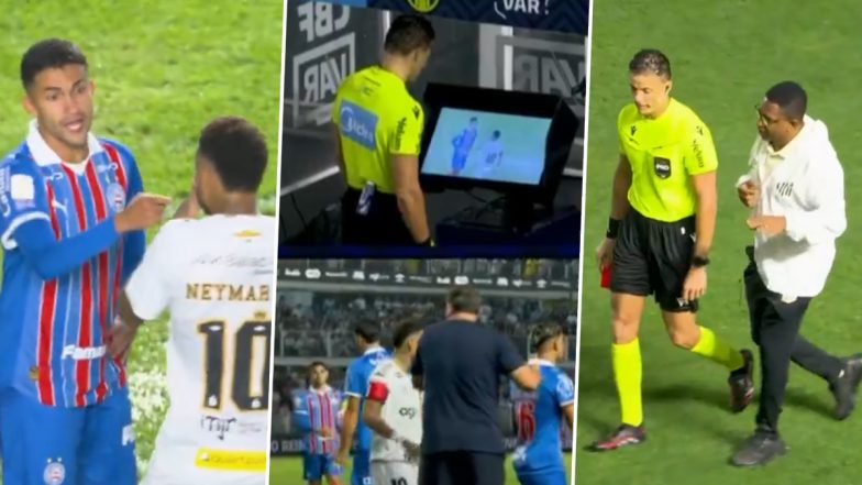 Neymar Sent Off After Covering Mouth in Heated Exchange with Rodrigo Nestor During During Santos vs Bahia Brazilian Serie A Match