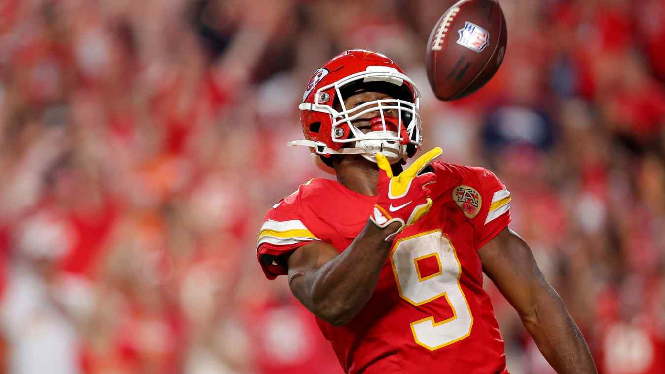 Kenneth Walker III #9 of the Kansas City Chiefs celebrates after scoring a two yard touchdown against the Denver Broncos during the fourth quarter in the game at Arrowhead Stadium on September 14, 2026