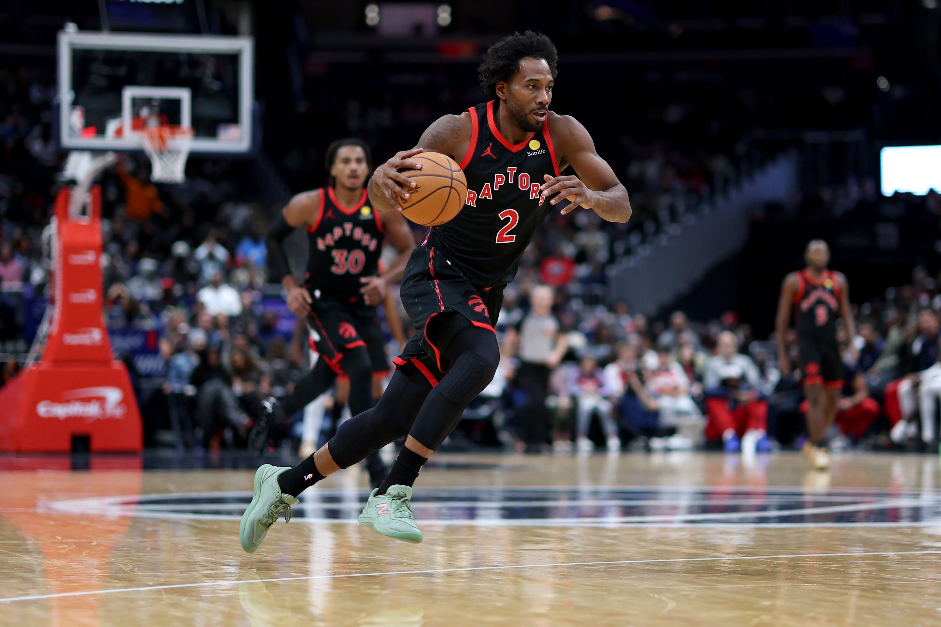 WASHINGTON, DC - OCTOBER 23: Kawhi Leonard #2 of the Toronto Raptors handles the ball during the second half against the Washington Wizards at Capital One Arena on October 23, 2026 in Washington, DC. NOTE TO USER: User expressly acknowledges and agrees that, by downloading and or using this photograph, User is consenting to terms and conditions of the Getty Images License Agreement. (Photo by Todd Olszewski/Getty Images)