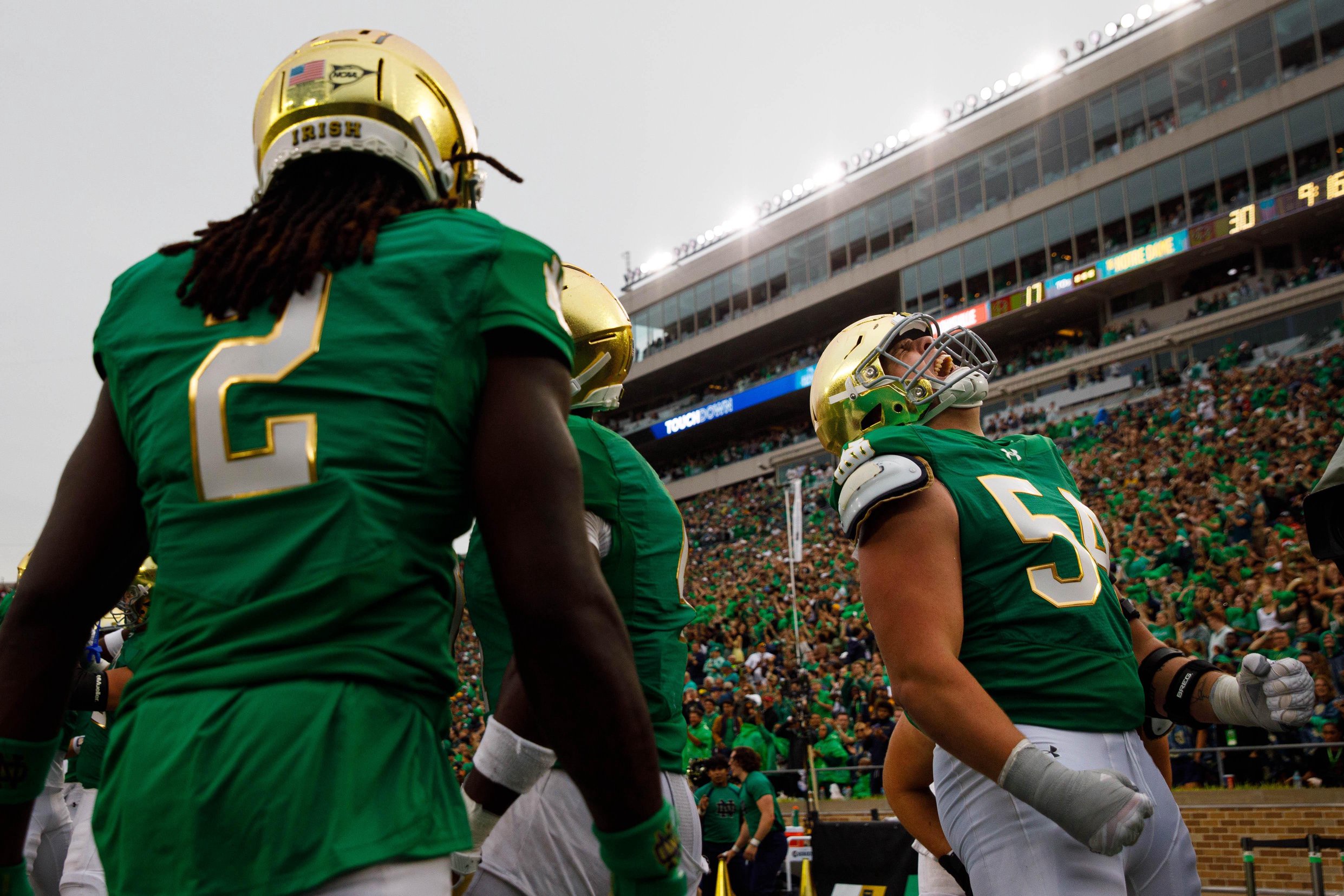 Notre Dame offensive lineman Anthonie Knapp (54) celebrates a Notre Dame touchdown during a NCAA college football game between Notre Dame and Louisville at Notre Dame Stadium on Saturday, Sept. 28, 2024, in South Bend.