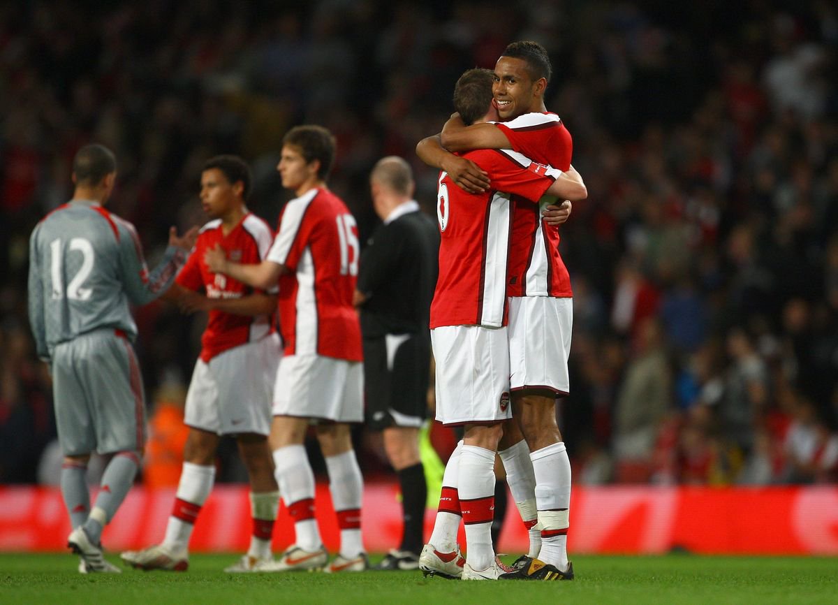 LONDON, ENGLAND - MAY 22:  Luke Ayling and Kyle Bartley of Arsenal celebrate their win after the FA Youth Cup Final 1st Leg match between Arsenal and Liverpool at The Emirates Stadium on May 22, 2009 in London, England.  (Photo by Julian Finney/Getty Images)