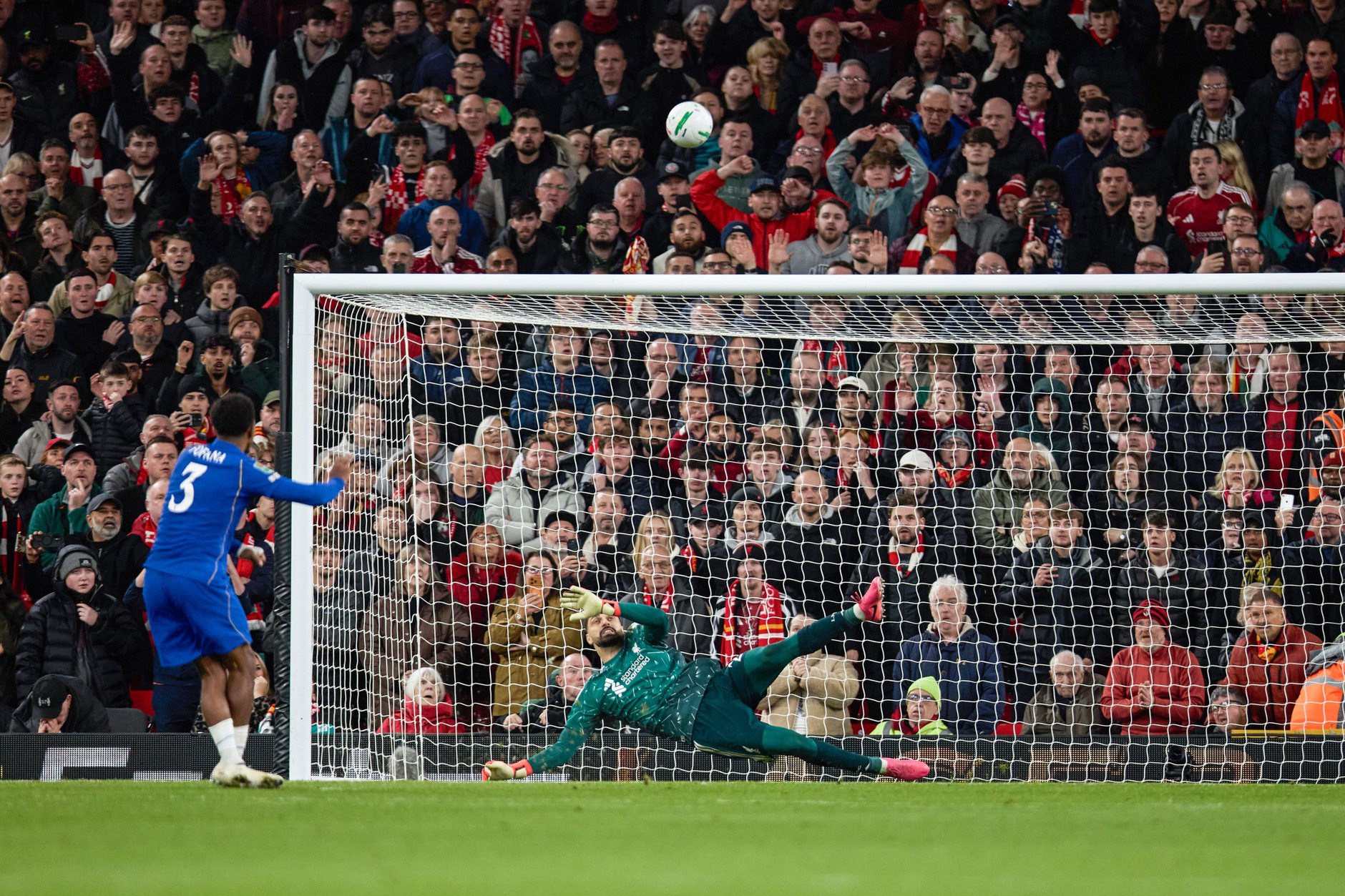 Wesley Fofana misses a penalty for Chelsea against Liverpool