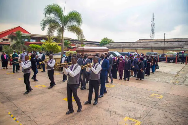 The remains of the late Pastor Nomthi Odukoya accompanied by families and friends at the headquarters of the Fountain of Life Church in Lagos, on Tuesday