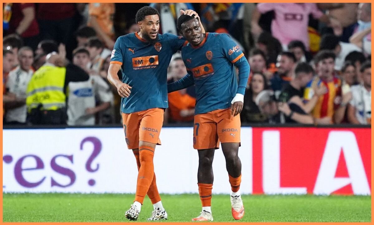 David Otorbi celebrates a goal for Valencia