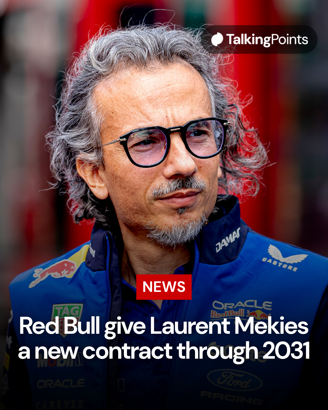 News graphic as Laurent Mekies signs a new Red Bull contract through 2031, with an image of him in the Spa paddock