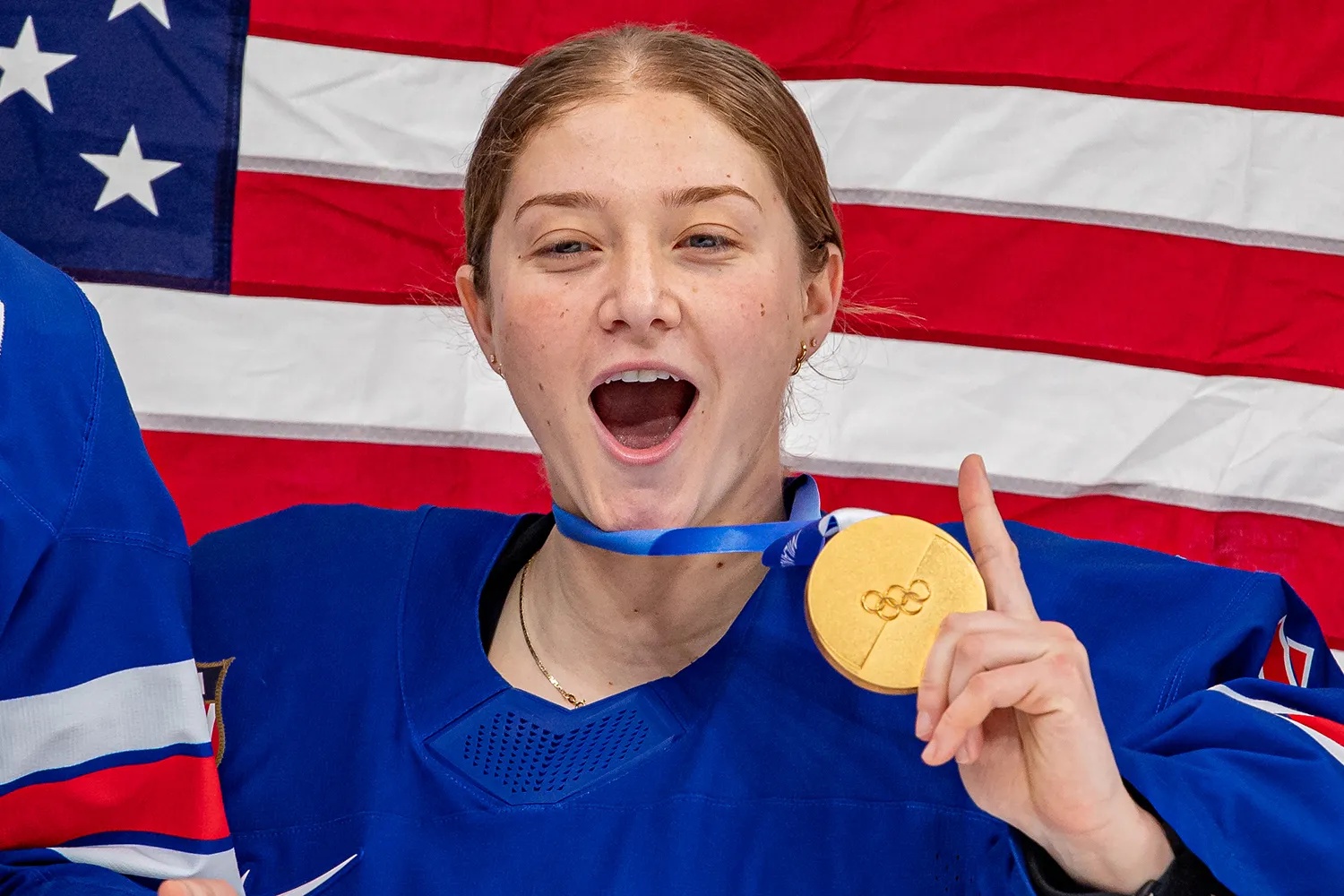 Goalie Aerin Frankel #31 of United States holds her gold medal during the Women's Gold Medal match between United States and Canada on day thirteen of the Milano Cortina 2026 Winter Olympic games at Milano Santagiulia Ice Hockey Arena on February 19, 2026 in Milan, Italy.
