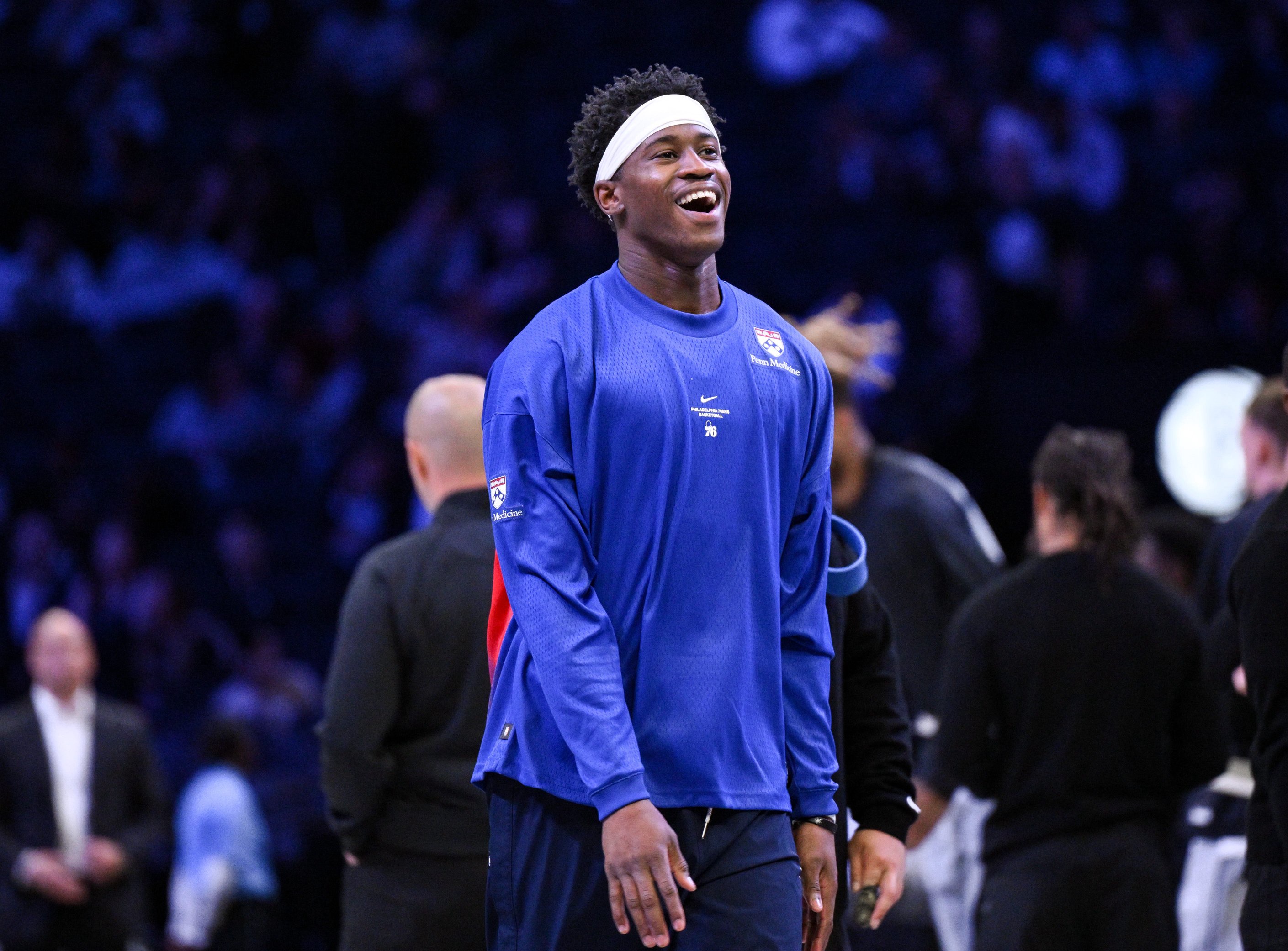 Oct 8, 2026; Brooklyn, New York, USA; Philadelphia 76ers guard Vj Edgecombe (77) warms up before a game against the Brooklyn Nets at Barclays Center. Mandatory Credit: John Jones-Imagn Images