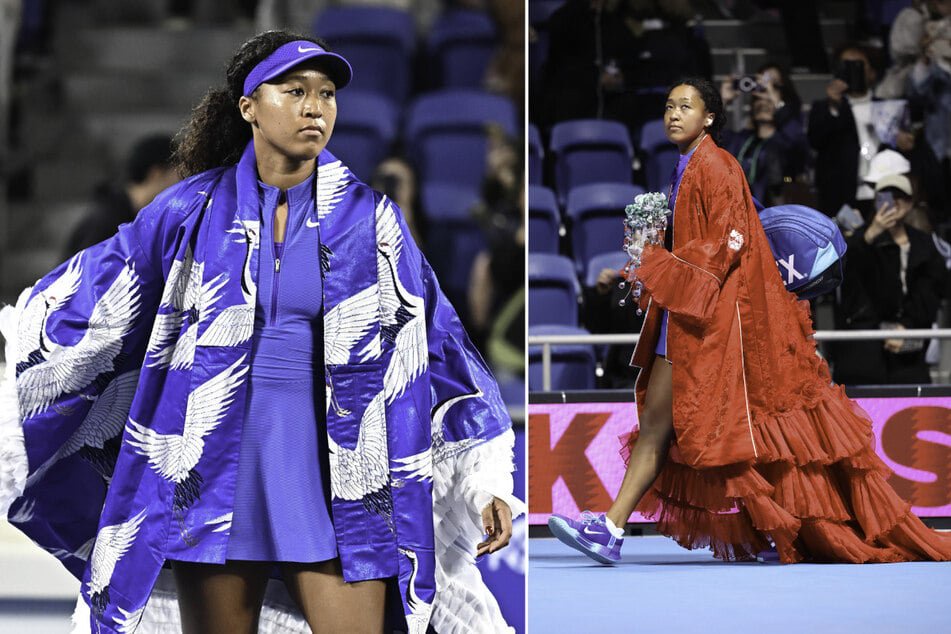 Naomi Osaka wore a blue crane-pattern outfit (l.) in her opening match and a red kimono-style gown (r.) in her second. 