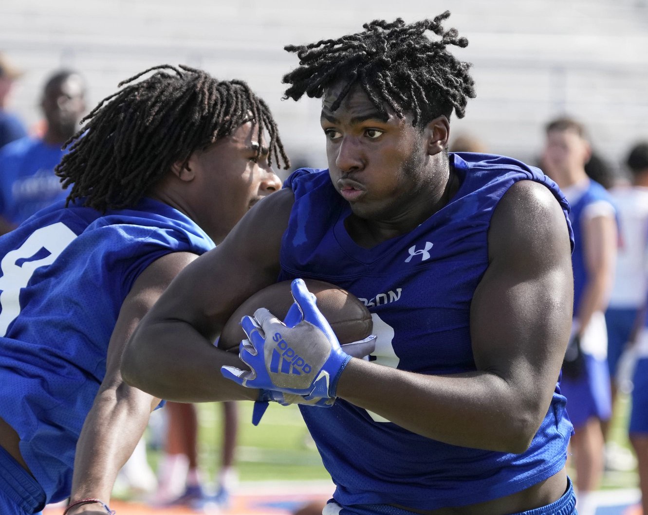 Dobson's Micah Newcombe (LB, RB) practices during the Mesa Public Schools spring football showcase at Westwood High School football fields in Mesa on May 7, 2025.