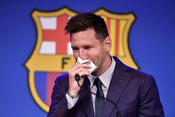 Barcelona's Argentinian forward Lionel Messi cries at the start of a press conference at the Camp Nou stadium in Barcelona on August 8, 2021