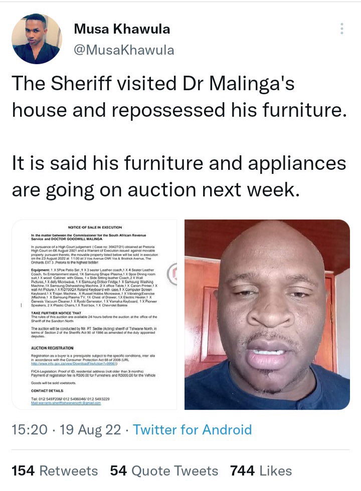 Is Dr Malinga Broke See What The Taxman Took From His House Opera News