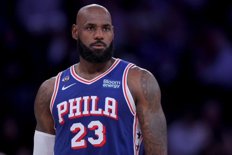 Philadelphia 76ers forward LeBron James (23) on the court before the start of the second quarter against the New York Knicks at Madison Square Garden