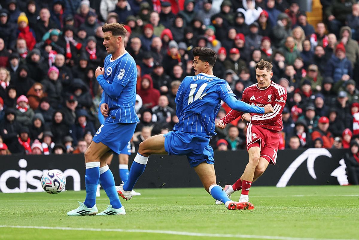 LIVERPOOL, ENGLAND - OCTOBER 25: Florian Wirtz of Liverpool scores his team’s first goal during the Premier League 2026/27 match between Liverpool FC and Brighton & Hove Albion at Anfield on October 25, 2026 in Liverpool, England. (Photo by Jan Kruger/Getty Images)