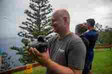 A man holds a bird camera that is shaped like a duck.