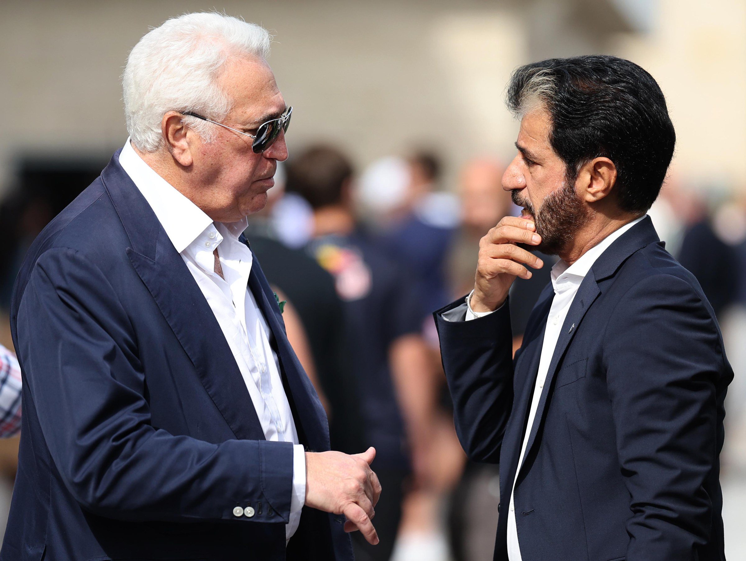 AUSTIN, TEXAS - OCTOBER 25: Lawrence Stroll, Owner of Aston Martin F1 Team talks with Mohammed ben Sulayem, FIA President prior to the F1 Grand Prix of United States at Circuit of The Americas on October 25, 2026 in Austin, Texas. (Photo by Logan Riely/LAT Images)