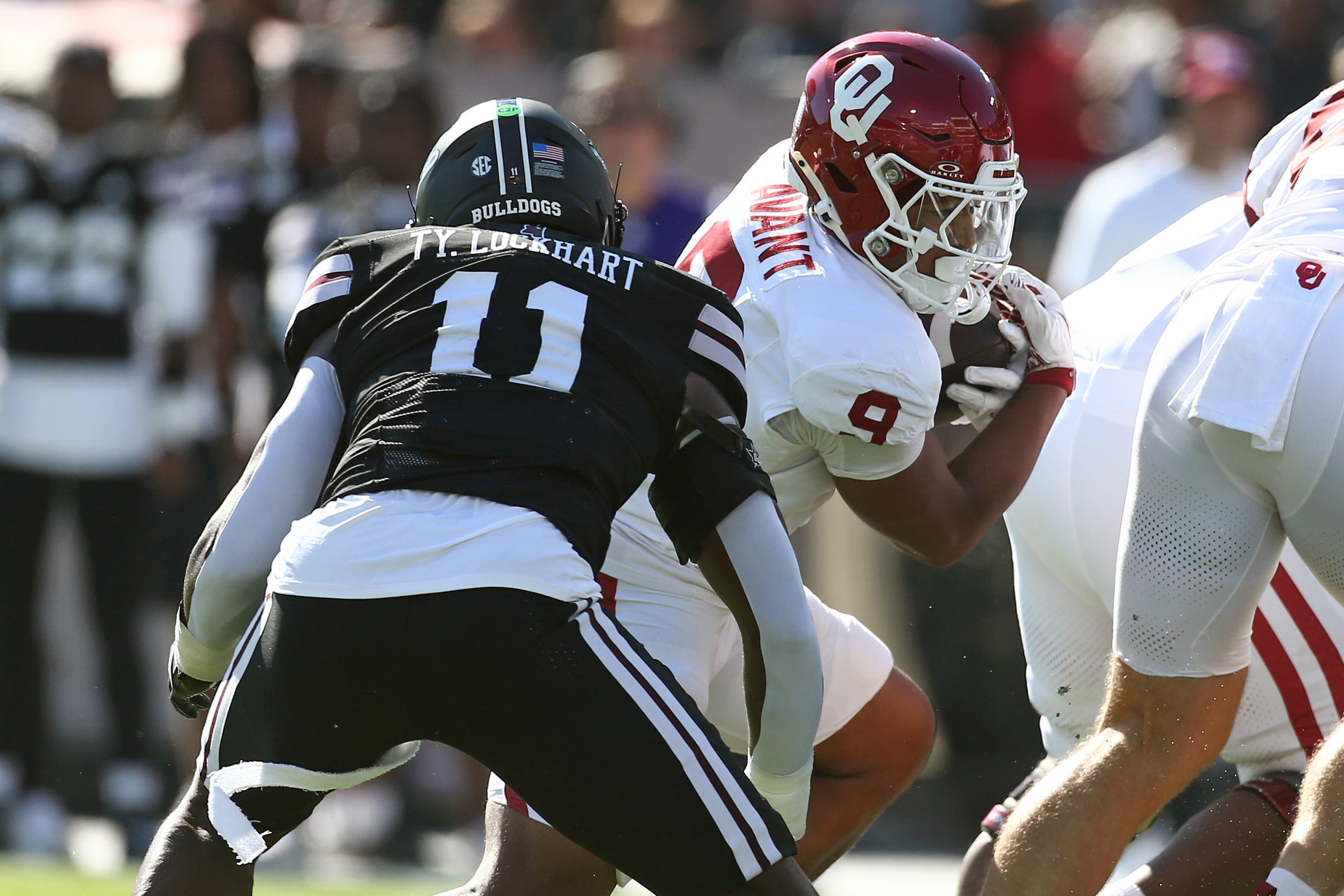 Oct 24, 2026; Starkville, Mississippi, USA;  Oklahoma Sooners running back Lloyd Avant (9) runs the ball during the first quarter against the Mississippi State Bulldogs at Davis Wade Stadium at Scott Field.  Mandatory Credit: Petre Thomas-Imagn Images