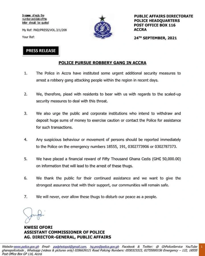 Ghana Police offer Ghc 50,000 to anyone with information that will lead to the arrest of criminals