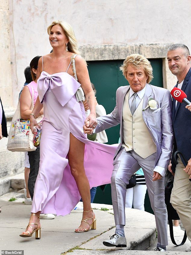 Rod Stewart was a proud father of the groom as he attended his son Liam's wedding Nicole Artukovich in Croatia on Friday alongside his glamorous wife Penny Lancaster