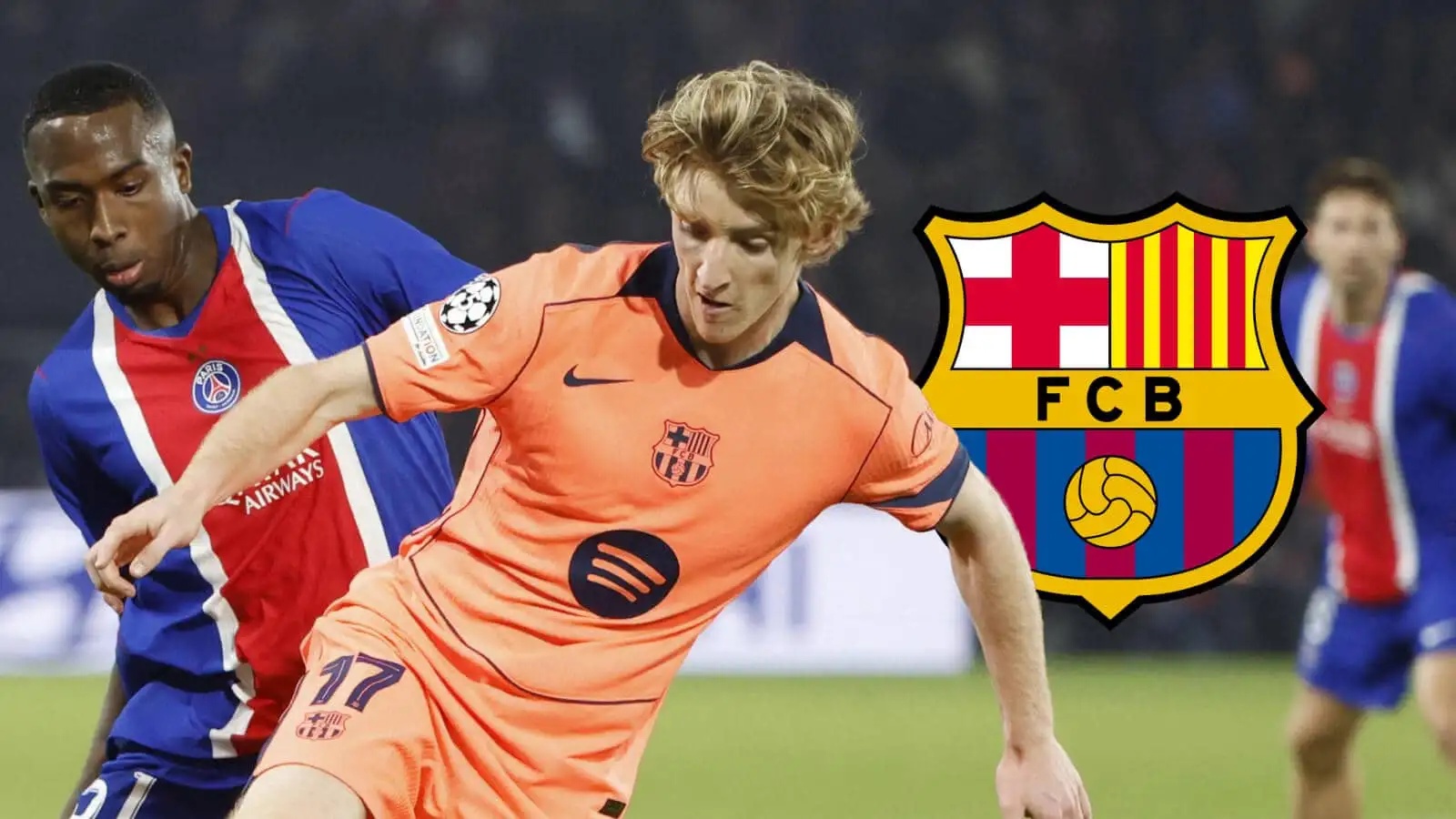 Barcelona star Anthony Gordon and PSG star Willian Pacho next to the Barcelona badge