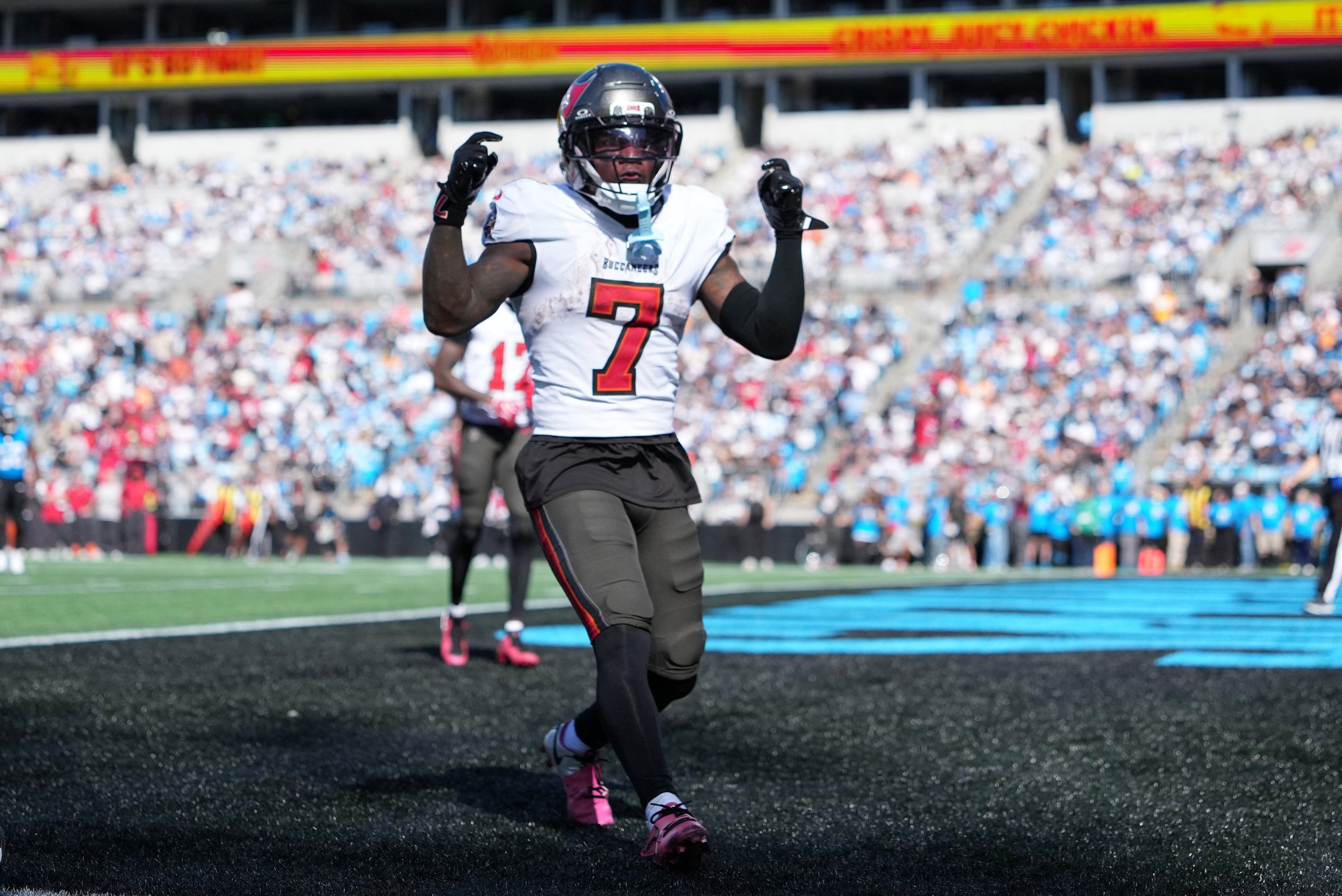 Oct 25, 2026; Charlotte, North Carolina, USA;  Tampa Bay Buccaneers running back Bucky Irving (7) reacts during the first half against the Carolina Panthers at Bank of America Stadium.  Mandatory Credit: Bob Donnan-Imagn Images