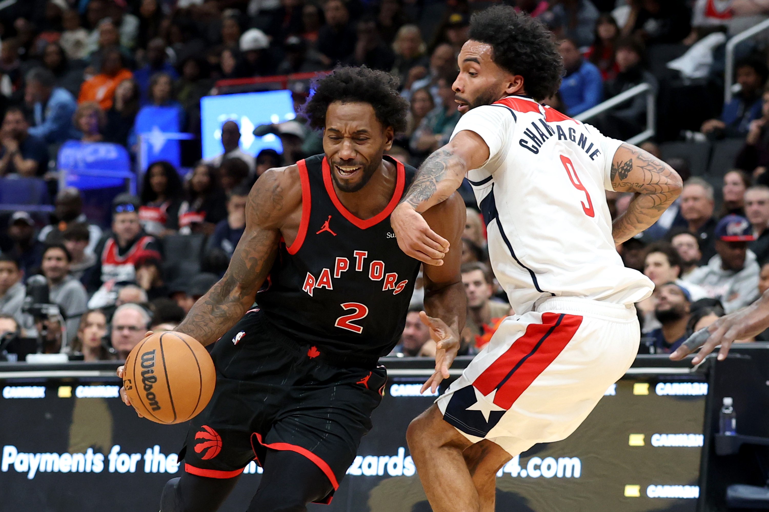 WASHINGTON, DC - OCTOBER 23: Kawhi Leonard #2 of the Toronto Raptors handles the ball during the second half against the Washington Wizards at Capital One Arena on October 23, 2026 in Washington, DC. NOTE TO USER: User expressly acknowledges and agrees that, by downloading and or using this photograph, User is consenting to terms and conditions of the Getty Images License Agreement. (Photo by Todd Olszewski/Getty Images)