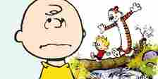 Charlie Brown (left, foreground) grimacing while Calvin and Hobbes play in the background (right.)