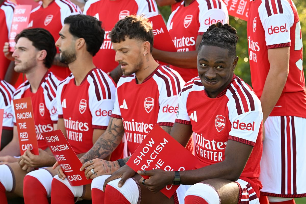 Eberechi Eze of Arsenal during the Arsenal Men's team squad photo at Sobha Realty Training Centre on October 14, 2026 in London Colney, England
