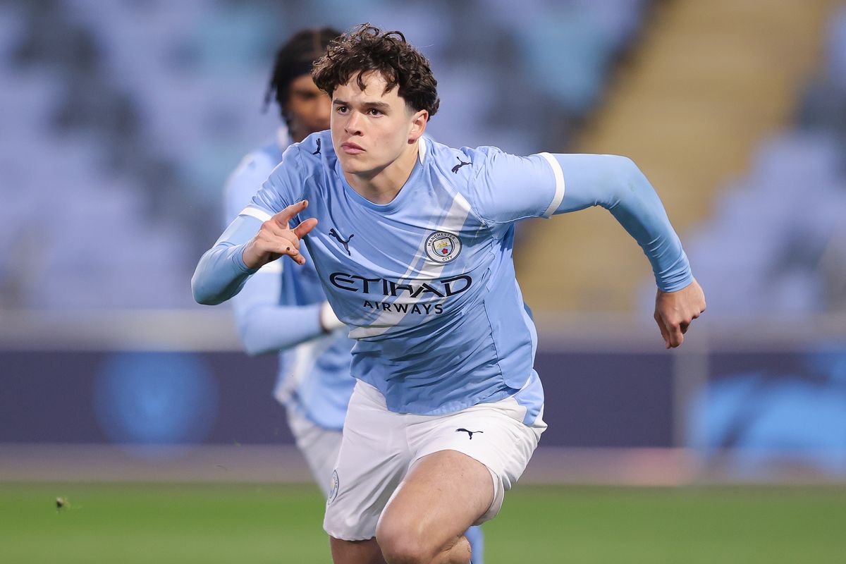 MANCHESTER, ENGLAND - APRIL 10: Teddie Lamb of Manchester City celebrates after scoring their side's second goal during the FA Youth Cup Semi Final match between Manchester City and Blackburn Rovers at Joie Stadium on April 10, 2026 in Manchester, England. (Photo by James Gill - Danehouse/Getty Images)