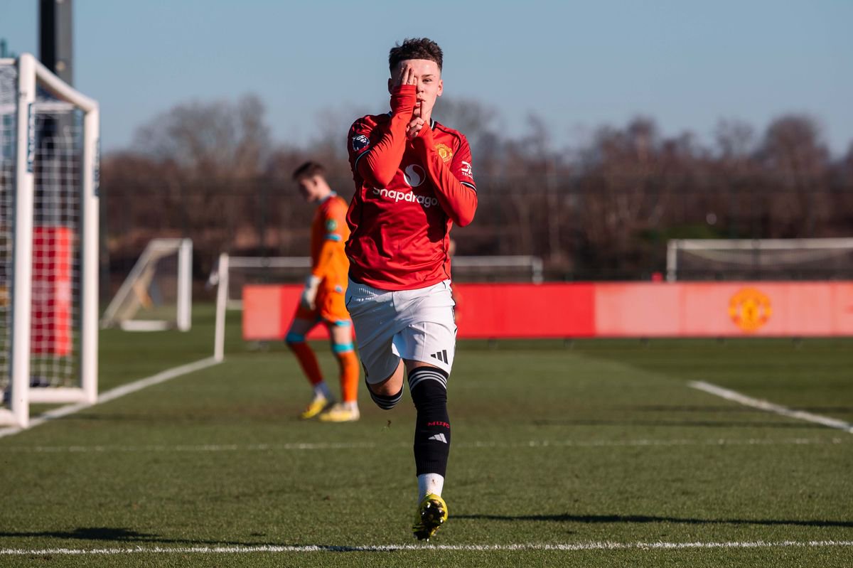 Kai Rooney of Manchester United celebrates scoring a goal to make the score 3-1  during the U18 Premier League Cup match between Manchester United U18s & West Ham United U18s