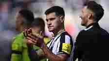 NEWCASTLE UPON TYNE, ENGLAND - APRIL 13: Newcastle United player Bruno Guimaraes applauds the fans after the Premier League match between Newcastle United and Tottenham Hotspur at St. James Park on April 13, 2024 in Newcastle upon Tyne, England. (Photo by Stu Forster/Getty Images)