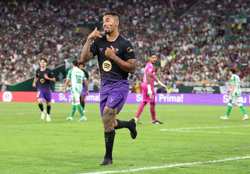 Gabriel Jesus celebrates scoring Barcelona's third goal. Photograph: Fran Santiago/Getty Images
