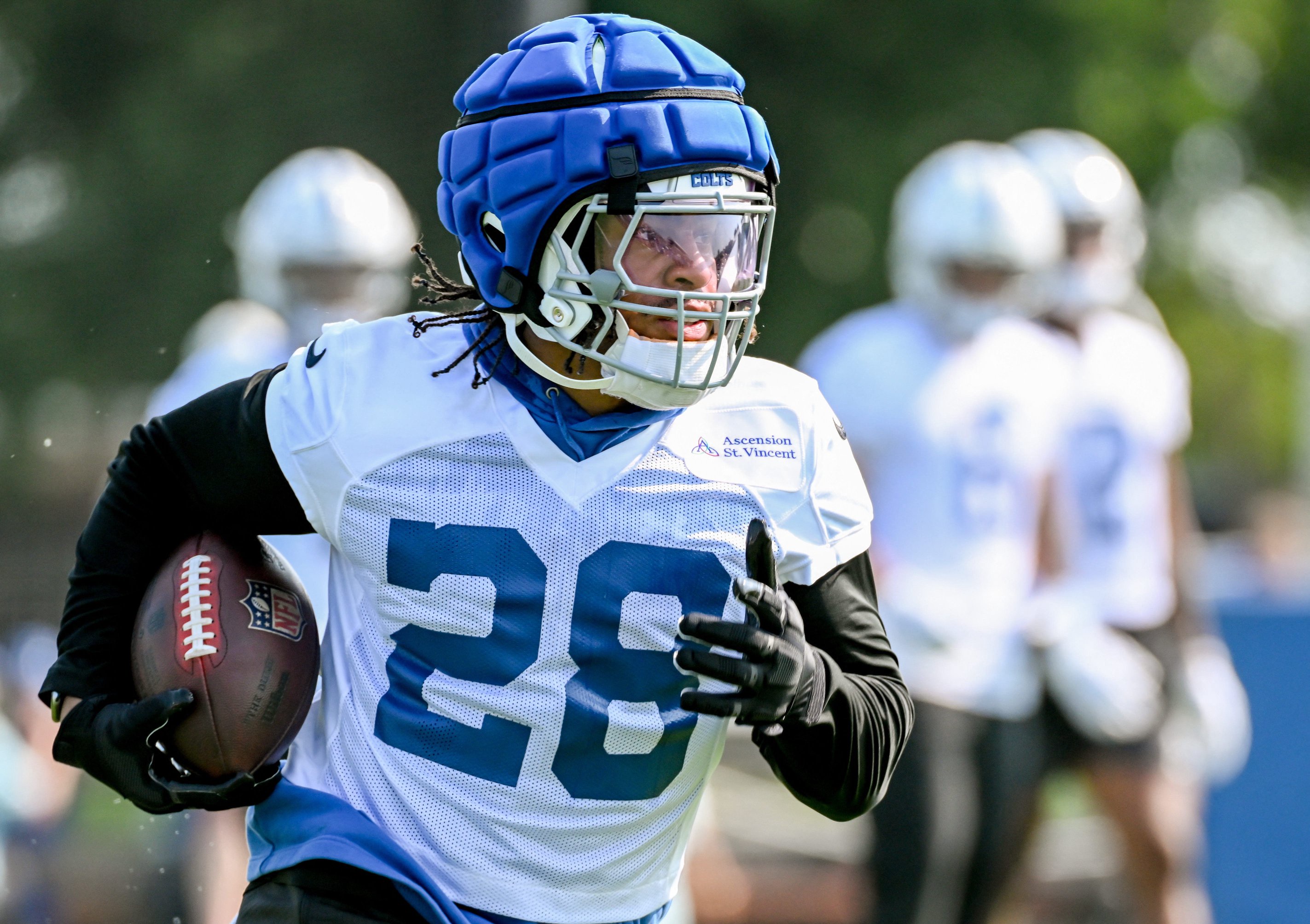 Jul 29, 2026; Westfield, IN, USA; Indianapolis Colts running back Jonathan Taylor (28) participates in a drill on day one of training camp at Grand Park Sports Campus. Mandatory Credit: Robert Goddin-Imagn Images